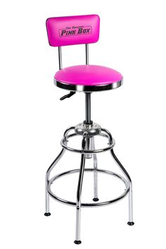 Experience convenience and comfort with this Adjustable Swivel Shop Stool by The Original Pink Box®. It features a comfortable padded vinyl seat and backrest that swivels 360 degrees for maximum range of motion. You can easily adjust the seat height from 28.7-33.8 inches with a simple hydraulic lever, while the sturdy chrome plated steel legs have a wide base with stabilization rings that provide extra support and can also be used as a footrest. Plus, rubber feet help prevent this stool from slipping, and protect your floors from marring and scratching. Add a touch of color to your workspace with this high quality and fun shop stool! (Maximum weight capacity: 250 lbs) The Original Pink Box Pink 33-in H Adjustable height Upholstered Swivel Metal Bar Stool Back Rubber | PB34SS Pink Tool Set, Small Parts Organizer, Pink Tools, Metal Bar Stool, Marble End Tables, Shop Stool, Bar Stools With Backs, Tool Bags, Garage Ideas