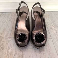 New In Box. Pewter Color. Silver Open Toe Slingback Pumps With 4-inch Heel, Black Mary Jane Heels, Black Pointed Toe Heels, Croc Heels, Golden Shoes, Leopard Pumps, Chunky Heel Shoes, T Strap Heels, Anne Klein Shoes