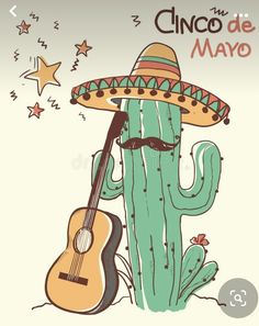 a cactus with a guitar and sombrero