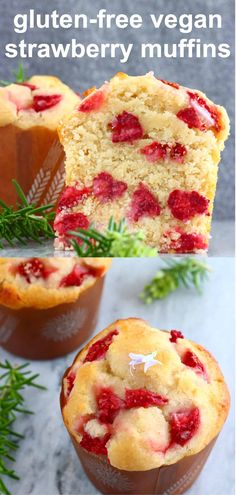 a close up of a muffin with strawberries in it and the words gluten - free vegan strawberry muffins