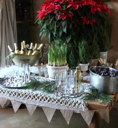 a table topped with lots of wine glasses and bottles next to a potted plant