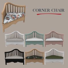 four different types of cribs with the names corner chair and side bed on them