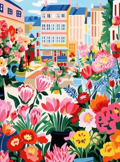 a painting of flowers and buildings in the background