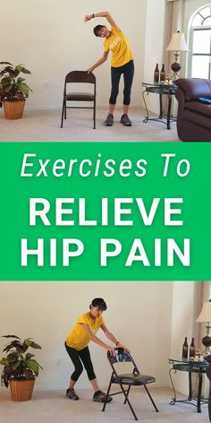 the woman is doing exercises to relax her hip pain while standing in front of a chair