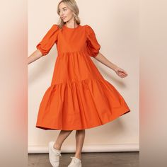 Poplin No Sheers Side Pockets Back Keyhole 100% Cotton Orange Cotton Knee-length Midi Dress, Orange Knee-length Cotton Midi Dress, Cotton Puff Sleeve Midi Dress For Day Out, Orange Cotton Midi Dress For Daywear, Casual Puff Sleeve Dress For Work, Spring Season, Spring Orange Cotton Midi Dress, Tan Mini Dress, Free People Slip Dress, Floral Maternity Dresses