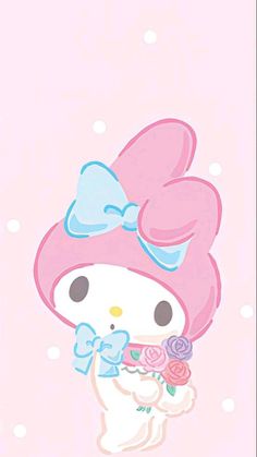 hello kitty holding a bouquet of roses in her hand and wearing a pink hat with blue bows