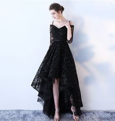 Prom Dress Long Sleeve, Homecoming Dress Black, Long Sleeve Evening Dress, High Low Party Dresses, Black Lace Prom Dress, High Low Prom Dress, Wedding Dresses High Low, Black Formal Dress, High Low Prom Dresses