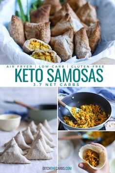 some food that is in a bowl and on top of a table with the words keto samosas