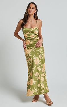 Aisling Midi Dress - Cowl Neck Satin Bias Midi Dress in Olive Summer Wedding Dress Guest, Olive Green Summer Dress, Cocktail Dress Midi, Light Green Dress, Green Summer Dresses, Grad Dresses, Summer Wedding Dress, Midi Cocktail Dress, Dress Inspo