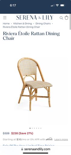 an advertisement for the riviera hotel rattan dining chair, which is on sale