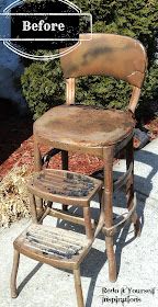 an old wooden chair sitting on top of a sidewalk next to a small child's stool