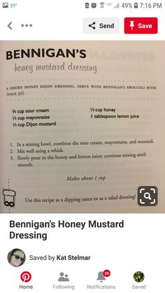 the menu for benigan's honey honey mustard dressing is shown on an iphone