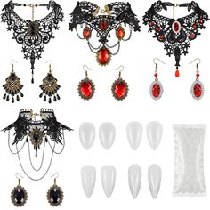 PRICES MAY VARY. Lace Applicable occasions: this vampire costume set is suitable for many occasions, such as Halloween costume party, vampire ball, ball, fancy dress party, carnival , school plays, family parties and theatrical productions, bringing joy to others and leaving good memories 4 Optional sizes: the vampire fangs are available in 4 different sizes for you to choose from, 13 mm, 15 mm, 17 mm and 19 mm; Fine texture is close to real teeth, so the fangs can fit most people's teeth becaus Fake Vampire Teeth, Vampire Halloween Party, Teeth Fangs, Vampire Ball, Victorian Vampire, Vampire Halloween, Red Pendant, Vampire Fangs, Vampire Teeth