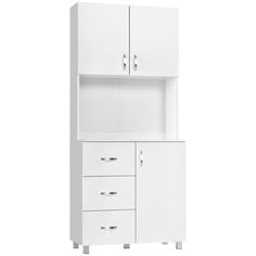 a white cabinet with three drawers and two doors