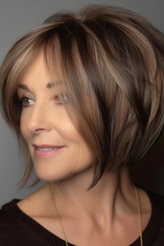 Inverted Bob Hairstyles For Fine Hair Over 50, Short Bob Hairstyles Over 50, Short Hair Highlights And Lowlights Older Women, Bob Over 50 Older Women, Wavy Inverted Bob Hairstyles, Inverted Wavy Bob Hairstyles, Wavy Inverted Bob With Bangs, Haircuts For 60 Year Old Women Long Bobs, Short Inverted Bob Haircuts