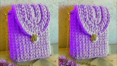 two pictures of the same purple purse with chain attached to it and flowers in front