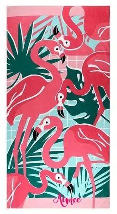 pink flamingos and palm leaves are featured in this colorful print with the word, name