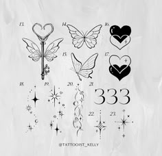 the tattoo designs are drawn on paper and have hearts, wings, and stars around them