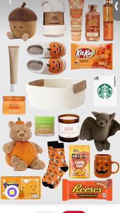 an assortment of items that include pumpkins, coffee cups, candy bars and stuffed animals