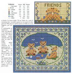 the cross stitch pattern shows two bears with an umbrella