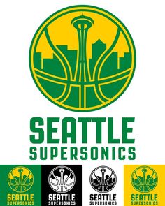 the seattle supersonics logo is shown in green, yellow and white with four different colors