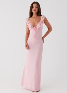 Pink Revolve Dress, Rehearsal Dinner Dress Pink, Pink Banquet Dresses, Formal White Maxi Dress, Deb Ball Guest Dresses, Pretty Pink Dresses Classy, Pink Maxi Dress Aesthetic, Revolve Dress Long, Frilly Bridesmaid Dress