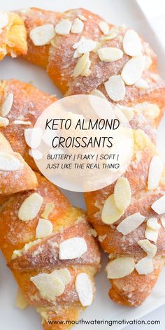 Keto croissants with sweet almond filling and almond slivers and powdered sweetener on top. Keto Almond Paste, Easy Almond Croissant, Paleo Croissant