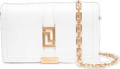 Luxury Gold Wallet On Chain With Branded Hardware, White Evening Bag With Metal Logo, White Shoulder Bag With Metal Logo For Evening, Formal White Bags With Metal Logo, Elegant White Bags With Metal Logo, Luxury White Bags With Metal Logo, Elegant White Shoulder Bag With Metal Logo, Elegant White Shoulder Bag With Logo Hardware, White Rectangular Bag With Metal Logo