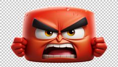 an angry red cartoon character with big eyes and large teeth, holding his fist up to the