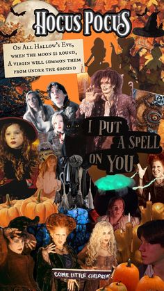 a collage of halloween pictures with words on them that say i put a spell on you