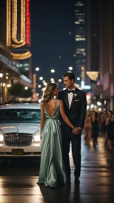 a man and woman in formal wear walking down the street