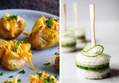 small appetizers with cheese, cucumber and green onions are on a plate