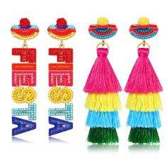 PRICES MAY VARY. ღ Cinco De Mayo Earrings: Get colorful for the fiesta celebration with this Set of Two Mexican Earrings. Including a pair of letter Fiesta earrings, and a pair of multicolored layered tassel earrings. They all designed with festive red, yellow, green, orange and blue colors, everyone will know you're ready to party when you show up to the Cinco De Mayo celebration wearing these vibrant holiday earrings! ღ Mexican Jewelry for Women: Go out for tacos and margaritas and wear these Multicolor Novelty Earrings For Summer, Novelty Multicolor Summer Earrings, Summer Novelty Multicolor Earrings, Novelty Multicolor Summer Jewelry, Adjustable Tassel Earrings With Colorful Beads For Party, Summer Novelty Multicolor Jewelry, Summer Multicolor Novelty Earrings, Tacos And Margaritas, Pepper Earrings