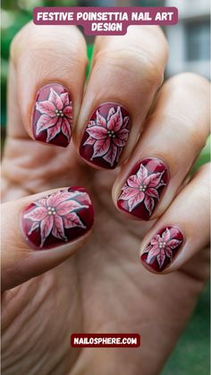 Celebrate the holiday season with this elegant poinsettia nail design. The rich burgundy base serves as a perfect backdrop for intricate pink poinsettia flowers, making these nails a beautiful tribute to the Christmas season. The delicate detailing of the flower petals, along with subtle shading, adds a touch of sophistication, making this design ideal for festive gatherings and holiday celebrations. The contrast between the vibrant red and soft pink hues creates a charming and festive look that is perfect for winter. Poinsettia Nails, Pink Poinsettia, Pastel Galaxy, Pastel Nails Designs, Poinsettia Flowers, Pastel Nail, Galaxy Nails, Confetti Dots