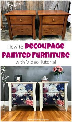 two dressers with flowers painted on them and the words how to decoupage painted furniture