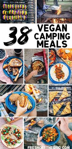 the cover of 33 vegan camping meals is shown with images of food on plates