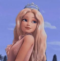 a barbie doll wearing a tiara and posing for the camera with trees in the background