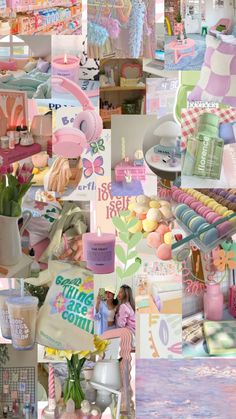 a collage of photos with pink, blue and green items on them in different colors