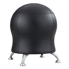 a black leather stool with metal legs and an oval shaped seat on the back side