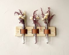 three vases with flowers are mounted to a wall on a wood planked coat rack