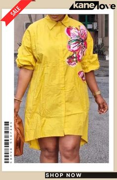 Green Casual Print Turndown Collar Shirt Dress Plus Size Dresses Casual Yellow Shirt Dress For Fall, Casual Yellow Long Sleeve Shirt Dress, Casual Long Sleeve Yellow Shirt Dress, Yellow Cotton Shirt Dress For Spring, Shirt Dress Plus Size, Collar Shirt Dress, Collared Shirt Dress, Turndown Collar, Collar Shirt