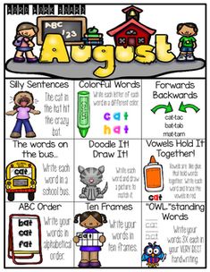 an august calendar with pictures and words to help students learn how to use the alphabet