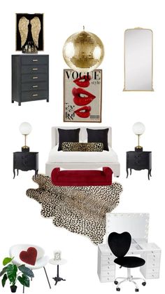 a living room with black and white furniture, leopard print rugs, red velvet pillows,