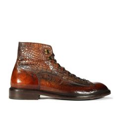 Jo Ghost 2833 Men's Shoes Brown Crust Crocodile Print / Buffalo Leather Boots (JG5304) Brass Hooks, Print Texture, Crocodile Print, Italian Shoes, Leather Hardware, Shoes Brown, Buffalo Leather, Italian Luxury, Handmade Shoes