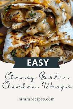 Make these delicious Cheesy Garlic Chicken Wraps with tender chicken, gooey cheese, and garlic in every bite! Ready in under 30 minutes, these wraps are the perfect quick meal for lunch or dinner. Customize them with your favorite ingredients and enjoy a family-friendly dish that’s bursting with flavor. Save this recipe and try it today! Tummy Yummy, Gooey Cheese, Quick Meal, Tender Chicken, Wrap Recipes