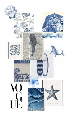 an image of some blue and white items in the shape of a collage with words