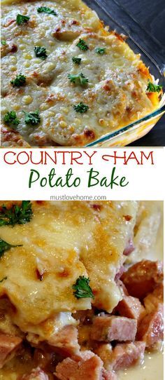 two pictures with different types of food on them and the words country ham potato bake