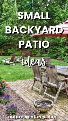 a small backyard patio with chairs and an umbrella