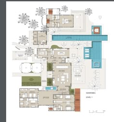 the floor plan for an apartment with swimming pool and outdoor living area in the background