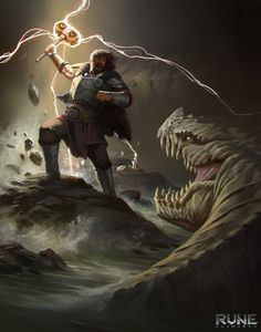 a man standing on top of a rock next to a giant monster with lightning coming out of his mouth